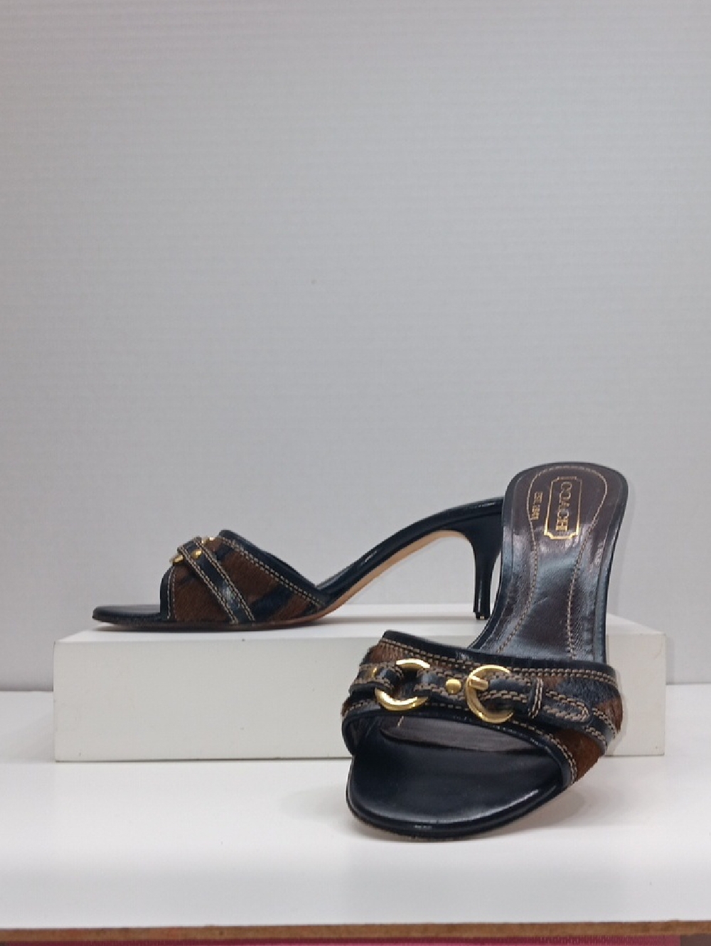 Coach Brown and Black Suede Leather Mid-Heel Slide Sandals Size5.5